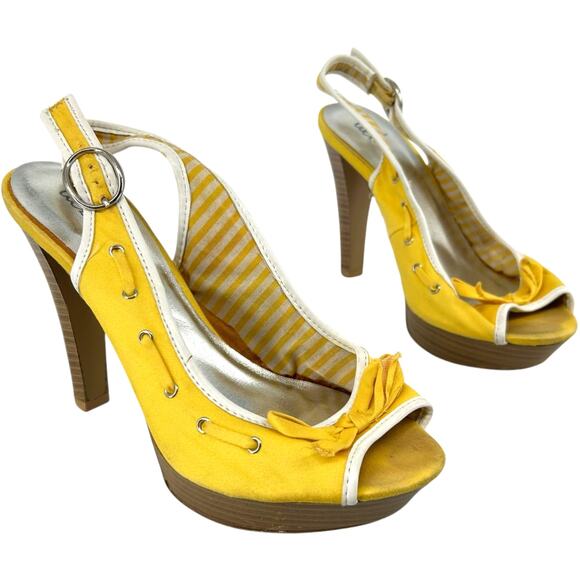 VTG y2k Women's Yellow Deb Peep Toe Slingback Buckle Bow Stiletto High Heels 7M - Picture 1 of 7